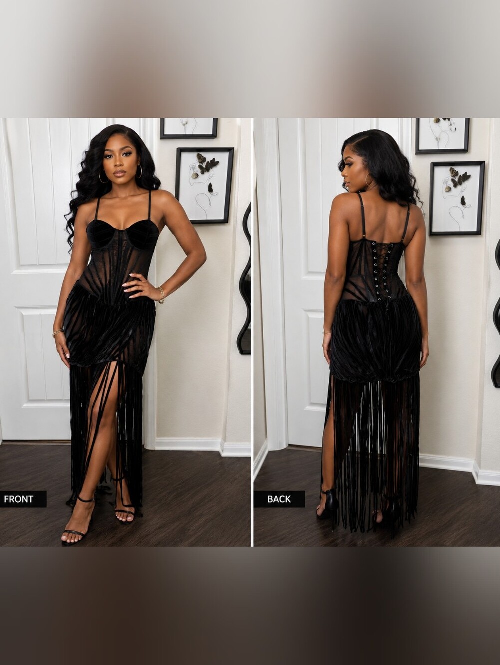 Black Fringe Corset-Style Evening Dress